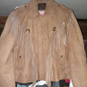 Route 66 Tan Leather Jacket with Fringe Details